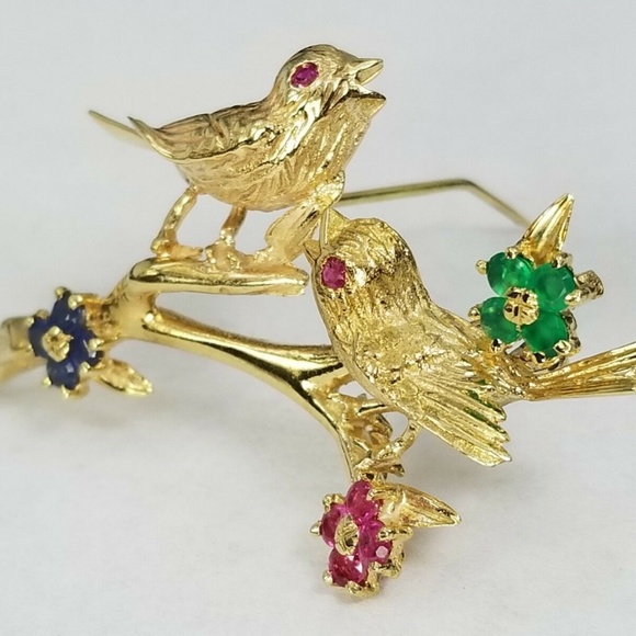 14k Gold Ruby, Emerald, Sapphire Bird Brooch Pin - Picture 3 of 8